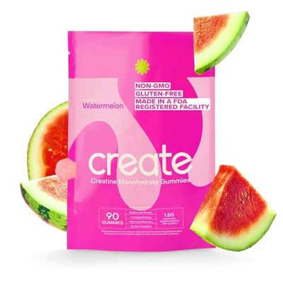 Create Creatine Monohydrate Gummies for Men &amp; Women - Boost Focus, Strength, and Endurance, Anti-Melting Formula, Vegan, Gluten-Free, Non-GMO, 1.5 Gram Creatine per Gummy (Watermelon, 90 ct)