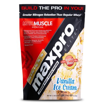 Max Muscle Maxpro Elite Whey Protein Powder | 30g Protein | 0g Sugar | 6.6g BCAAs | Micellar Casein Cold Filtered Whey Isolate Protein | Promotes Muscle Growth &amp; Recovery (Vanilla Ice Cream 2lb)