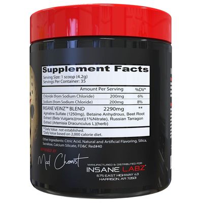 Insane Labz Insane Veinz Non Stimulant NO Enhancing Powder, Nitric Oxide Booster, Loaded with Agmatine Sulfate and Betaine Anhydrous, Increase Vascularity, 35 Srvgs, Fruit Punch