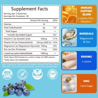 PYUNAFIT L-Lysine Gummies 1000mg, 5 in 1 Extra Strength for Immune Support, Skin &amp; Lip Health, Chewable Lysine Supplement for Kids Adults, 60 Count