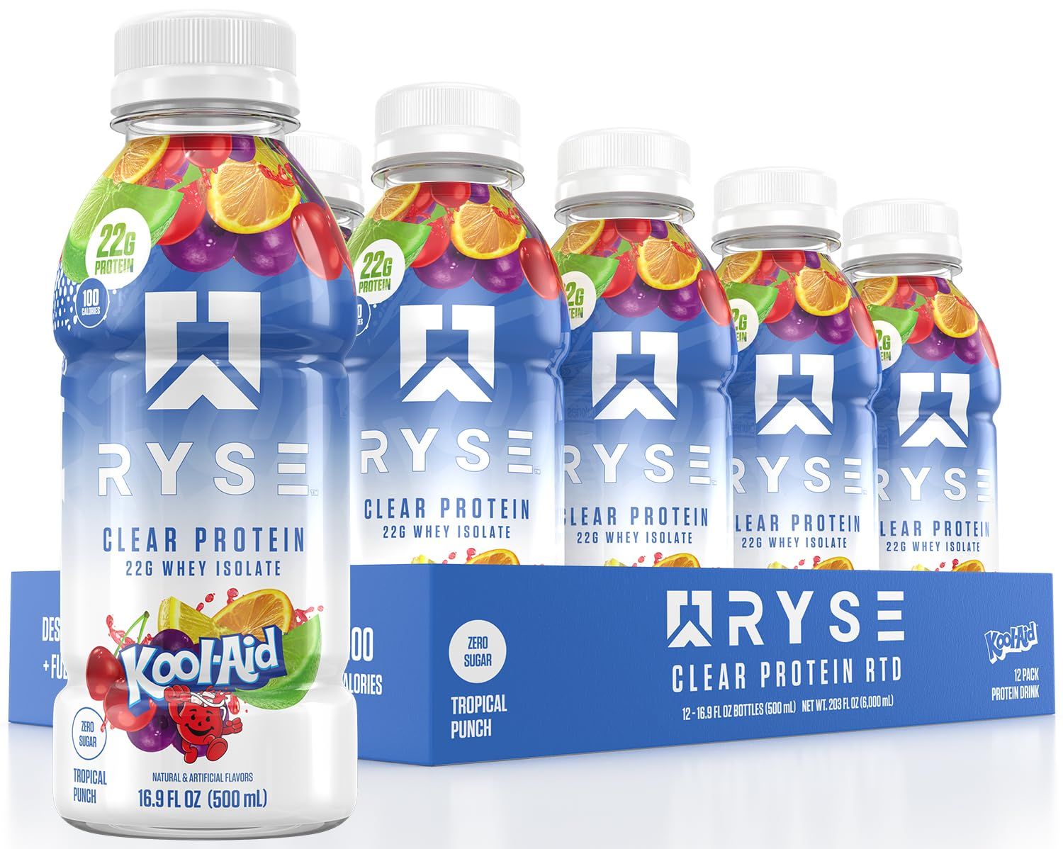 RYSE Clear Whey Isolate Protein Shake, Kool-Aid Tropical Punch, 100 Calories, 22g Protein, Sugar Free, 0g Fat, Lactose Free, 16.9 fl oz (12 pack)