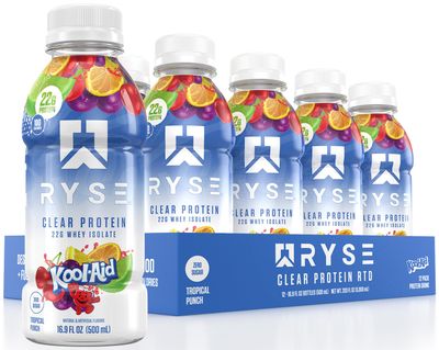 RYSE Clear Whey Isolate Protein Shake, Kool-Aid Tropical Punch, 100 Calories, 22g Protein, Sugar Free, 0g Fat, Lactose Free, 16.9 fl oz (12 pack)