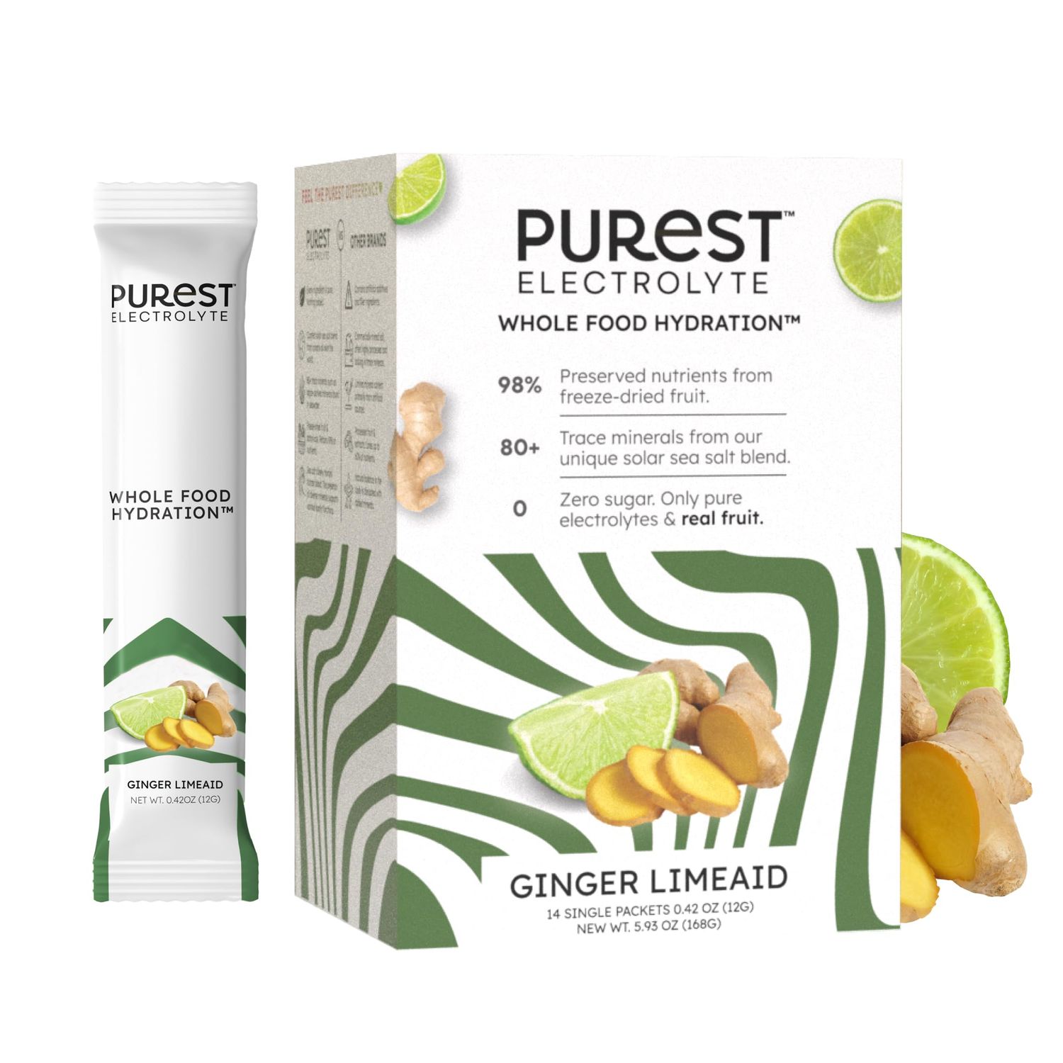Know Brainer Purest Electrolyte Ginger LimeAid Powder Packets - Whole Food Hydration - Keto Friendly, &amp; Zero Sugar - Organic Freeze-Dried Fruits and Solar Sea Salts for Ultimate Electrolyte Balance