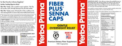 Yerba Prima Fiber Plus Senna Capsules, 180 Count - Gentle Overnight Relief, USA Made, Non-GMO, for Short-Term Use to Restore Regularity