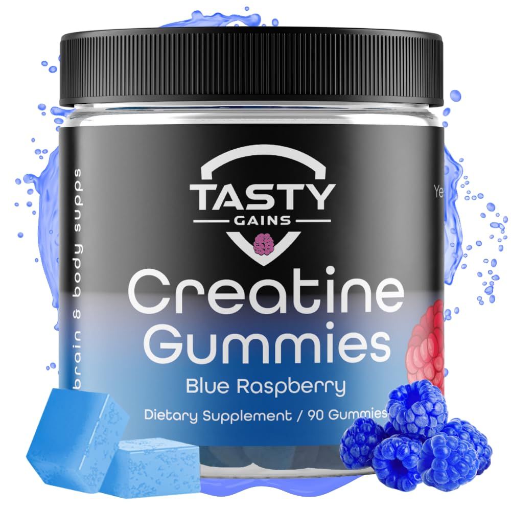 Tasty Gains Creatine Infused Gummies, 90g of Creatine, Non-GMO, Vegan - Build Muscle &amp; Boost Strength for Men &amp; Women (1g Creatine Monohydrate Per Gummy) Made in USA