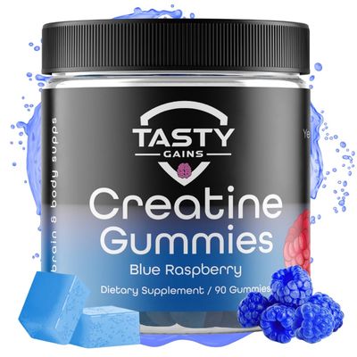 Tasty Gains Creatine Infused Gummies, 90g of Creatine, Non-GMO, Vegan - Build Muscle &amp; Boost Strength for Men &amp; Women (1g Creatine Monohydrate Per Gummy) Made in USA