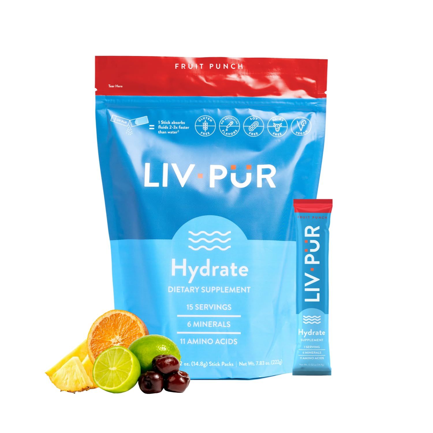 LivPur Nutrition Hydrate Hydration Powder w/Electrolytes | Essential Amino Acids &amp; Nutrients | NSF Certified for Sport, No Artificial Flavors | Easy Single-Serve Sticks | Fruit Punch, 15 Sticks