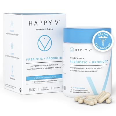 Happy v Dr. Formulated Vaginal Probiotics for Women, Clinically Proven Womens Probiotic for Vaginal Health &amp; pH Balance Complex, Natural BV Treatment &amp; Yeast Infection Prebiotics, 60 Vegan Capsules