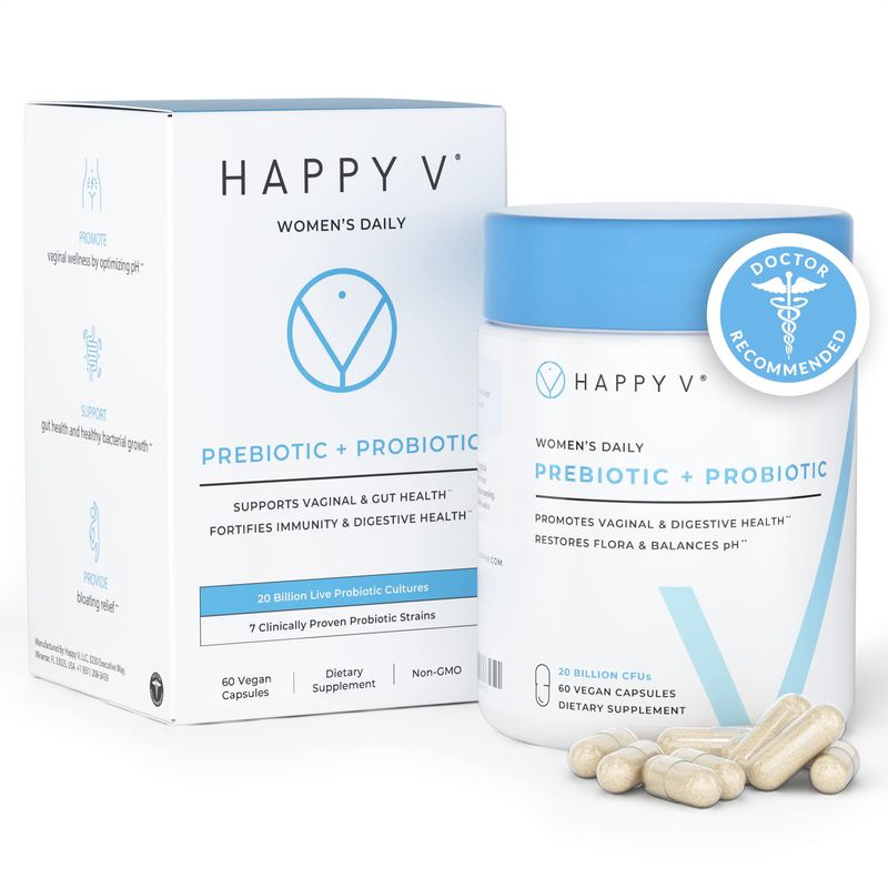 Happy v Dr. Formulated Vaginal Probiotics for Women, Clinically Proven Womens Probiotic for Vaginal Health &amp; pH Balance Complex, Natural BV Treatment &amp; Yeast Infection Prebiotics, 60 Vegan Capsules