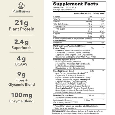 PlantFusion Complete Lean Plant Based Protein Powder - Prebiotic Fiber, Superfoods &amp; Digestive Enzymes - Vegan, Gluten Free, Soy Free, Non-GMO - Vanilla 1.85 lb