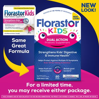 Florastor Kids Dual Action Probiotic Supplement, Strengthens Kids' Digestive &amp; Immune Health, 20 Easy-to Mix Powder Sticks, Packaging May Vary