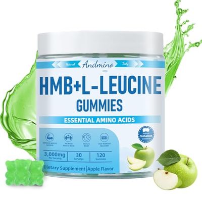 HMB and L-Leucine Gummies, 3000mg, with Trehalose, for Muscle Growth, Increase Muscle Mass, Muscle Relief and Fast Workout Recovery, for Adults &amp; Elder, Non-GMO, Vegan, Gluten Free, Apple Flavor, 120