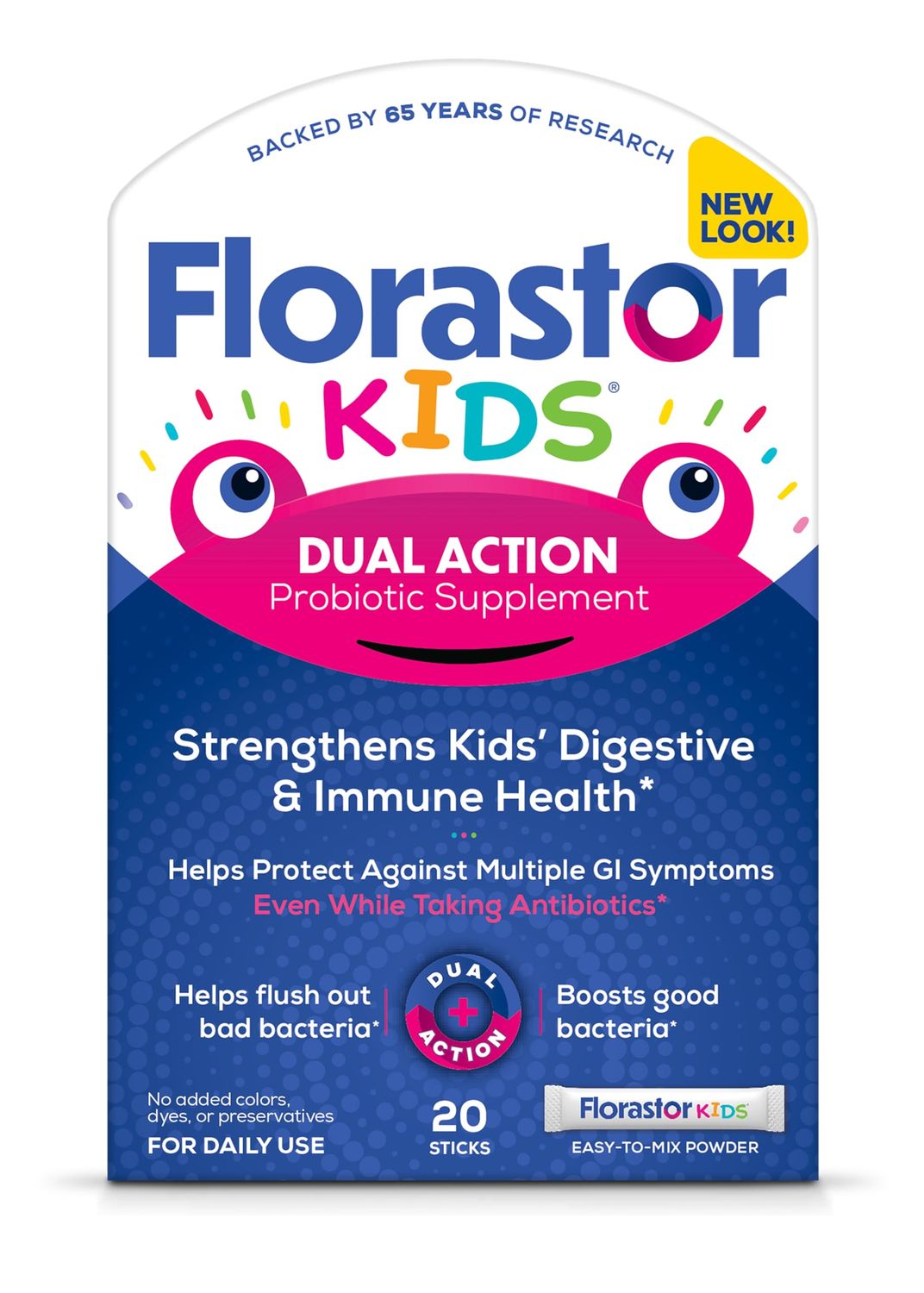 Florastor Kids Dual Action Probiotic Supplement, Strengthens Kids&#39; Digestive &amp; Immune Health, 20 Easy-to Mix Powder Sticks, Packaging May Vary