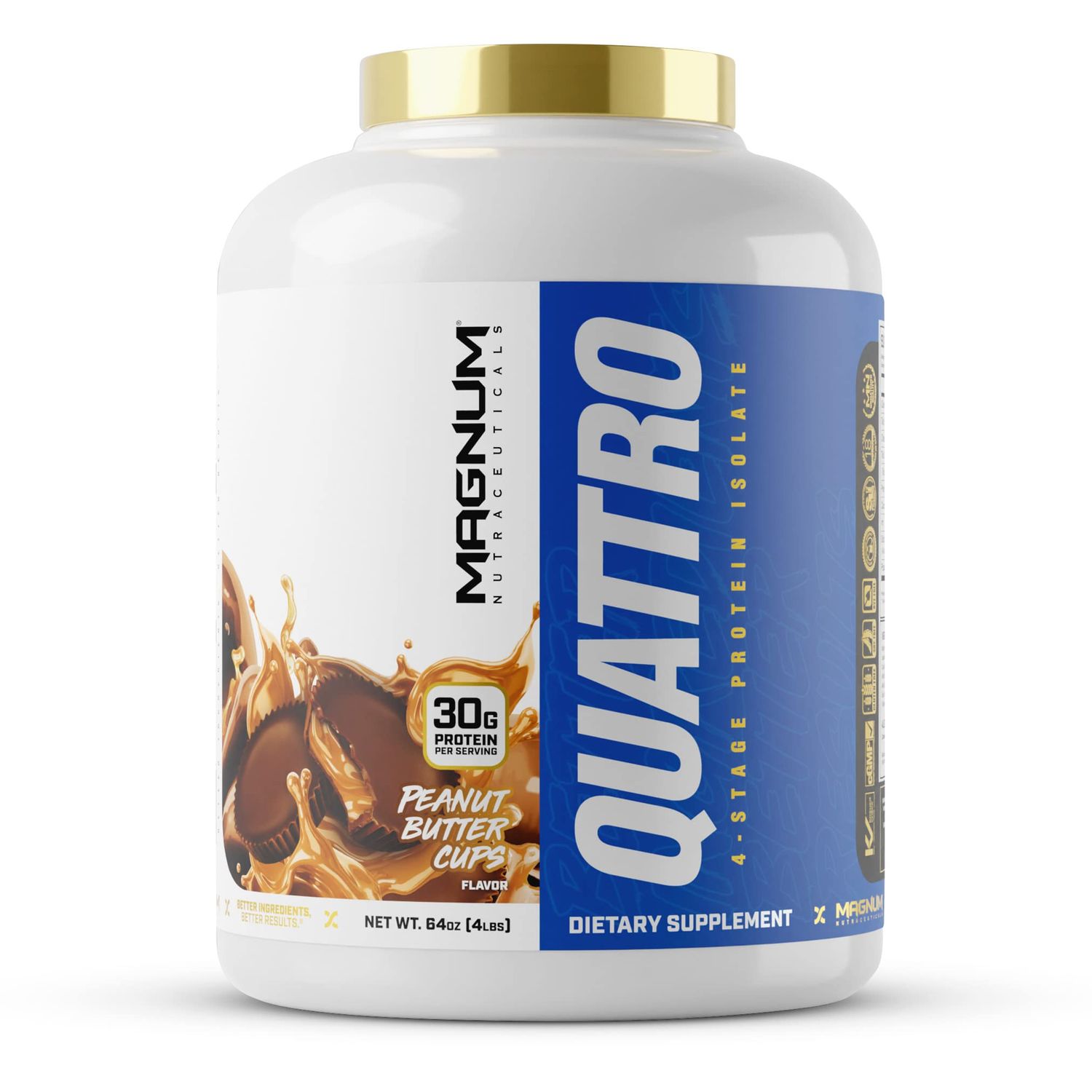 Magnum Nutraceuticals Quattro Whey Protein Powder, Peanut Butter Cup 4lb - Premium Protein Isolate Blend for Muscle Growth &amp; Recovery