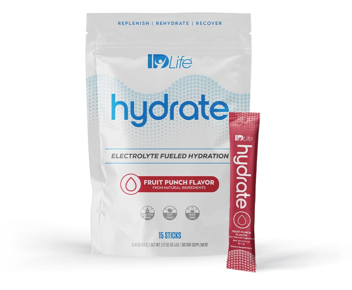 IDLife Hydrate - (Fruit Punch) Your Ultimate Solution Instant Hydration Packets for Vital Nutrients with Essential Electrolytes, Antioxidants, MCTs, Vitamins and Minerals - 15 Sticks per Bag