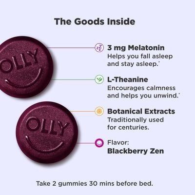 OLLY Sleep Gummy, Occasional Sleep Support, 3 mg Melatonin, L-Theanine, Chamomile, Lemon Balm, Sleep Aid, Blackberry, 50 Count