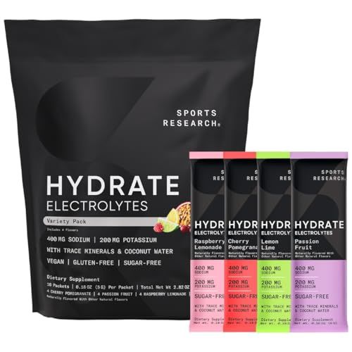 Sports Research Hydrate Electrolytes Powder Packets - Sugar-Free &amp; Naturally Flavored with Vitamins, Minerals, and Coconut Water - Supports Hydration - 16 Packets - Variety Pack