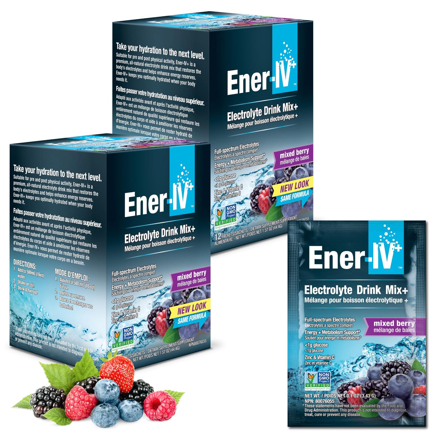 Ener-IV Electrolyte Hydration &amp; Energy Drink Potassium Vitamin C &amp; Zinc Electrolytes Powder Packets - Muscle Recovery &amp; Immunity Sports Drinks for Women &amp; Men Low Sugar Vegan, Mixed Berry - 24 Count