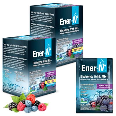 Ener-IV Electrolyte Hydration &amp; Energy Drink Potassium Vitamin C &amp; Zinc Electrolytes Powder Packets - Muscle Recovery &amp; Immunity Sports Drinks for Women &amp; Men Low Sugar Vegan, Mixed Berry - 24 Count