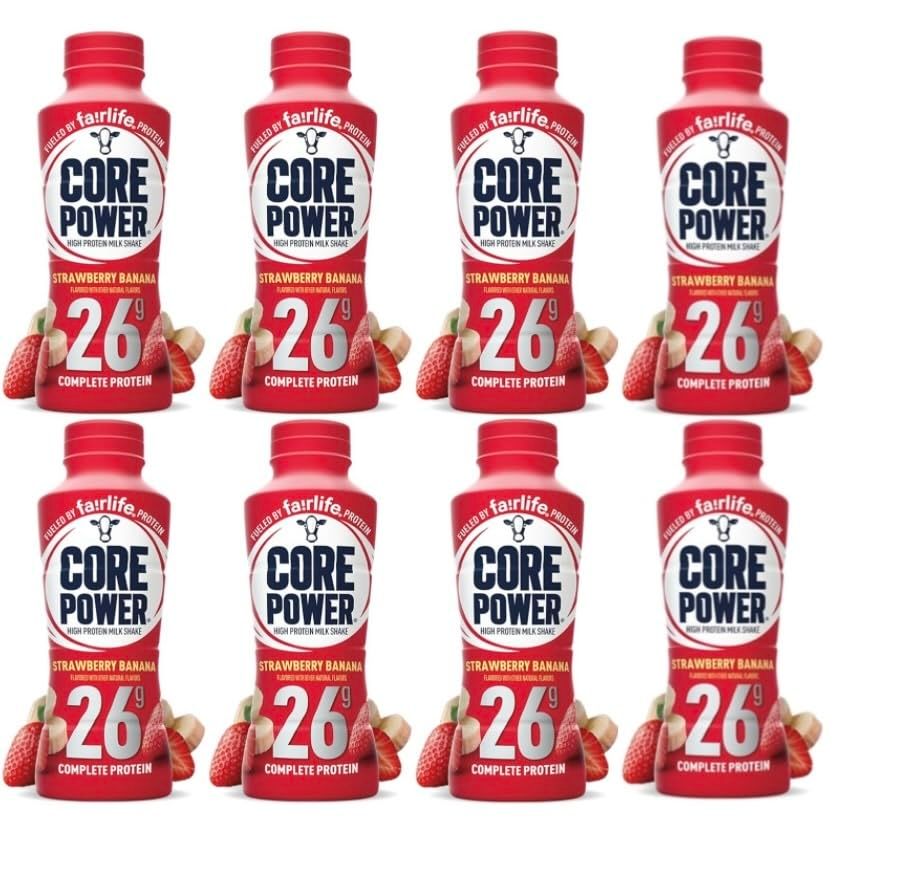 Fairlife, Core Power 26 Gram Protein Shakes, Strawberry Banana, 8 Pack, 14 oz bottles in Baxter Expresss Packaging