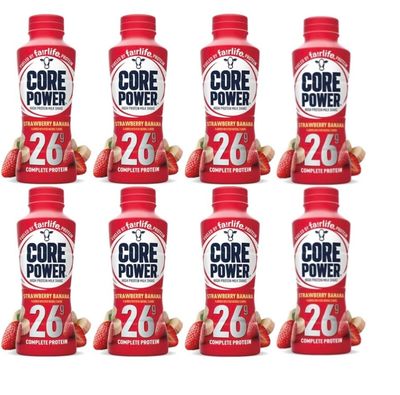 Fairlife, Core Power 26 Gram Protein Shakes, Strawberry Banana, 8 Pack, 14 oz bottles in Baxter Expresss Packaging