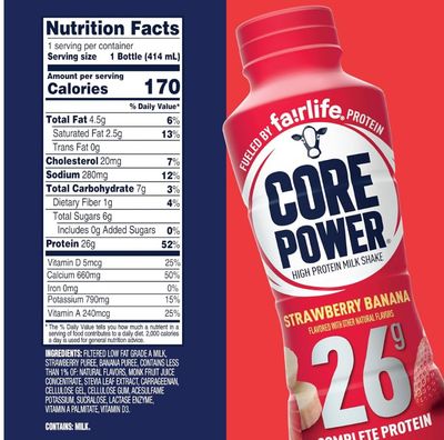 Fairlife, Core Power 26 Gram Protein Shakes, Strawberry Banana, 8 Pack, 14 oz bottles in Baxter Expresss Packaging