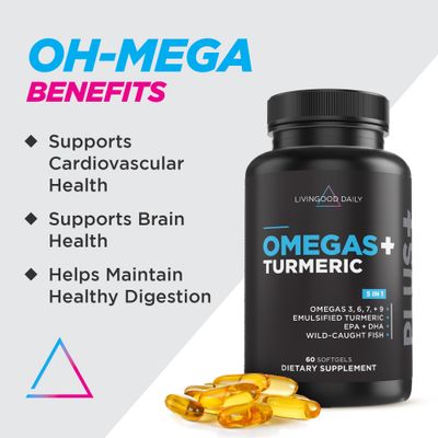 Livingood Daily Omega 3 6 9 Plus Turmeric Curcumin - Omega 3 Supplement (EPA &amp; DHA) - Supports Heart Health - Joint Supplements - 60 Softgels