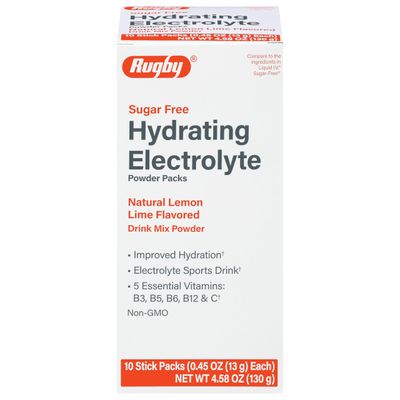 Rugby Sugar-Free Hydrating Electrolyte Powder Packs - Drink Mix Powder Packets with 5 Vitamins - Improved Hydration - Natural Lemon-Lime Flavor - 10 Stick Packs - 0.45 Oz Each