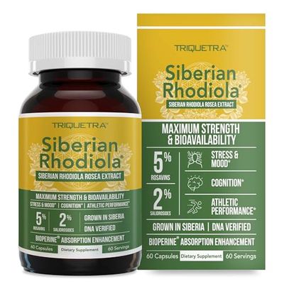 Siberian Rhodiola Max Strength Rhodiola Rosea - 5% Rosavins, 2% Salidroside - BioPerine Absorption Enhancement, Grown in Siberia, DNA Verified - Reduce Stress, Enhance Energy &amp; Cognition*(60 Count)