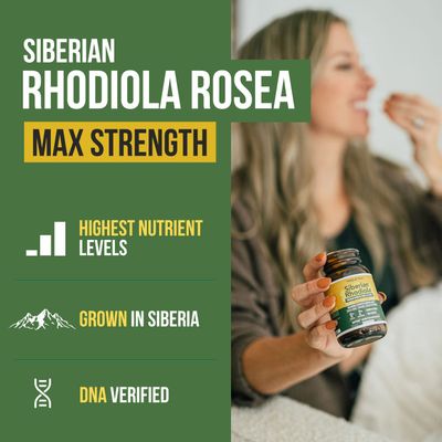 Siberian Rhodiola Max Strength Rhodiola Rosea - 5% Rosavins, 2% Salidroside - BioPerine Absorption Enhancement, Grown in Siberia, DNA Verified - Reduce Stress, Enhance Energy &amp; Cognition*(60 Count)