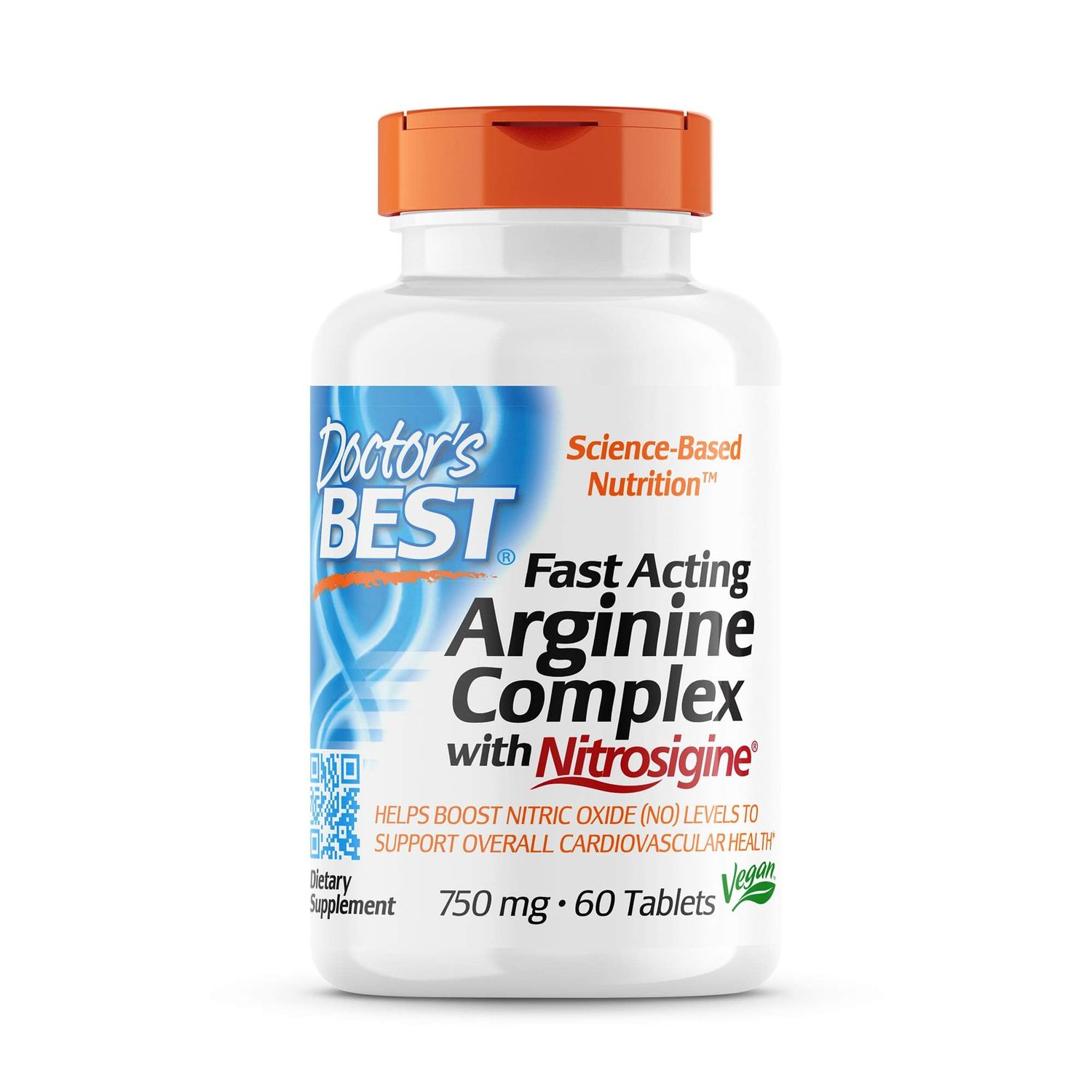 Doctor&#39;s Best Fast Acting Arginine Complex w/Nitrosigine, Boost Nitric Oxide, Blood Flow &amp; Vessel Flexibility, Non-GMO, Vegan, Gluten Free, 750mg, White (DRB-00406), Tablet, 60 count