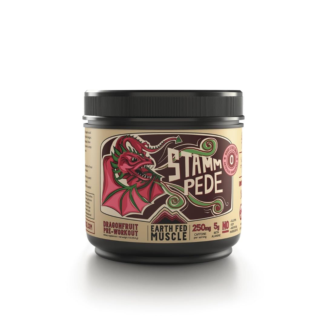 Earth Fed Muscle Stammpede DragoFruit Punch Pre Workout, 30 Servings, Boost Energy, Increase Endurance and Focus, Beta-Alanine, 250mg Caffeine, Citrulline Malate, Taurine, Tyrosine - Keto, No Sugar