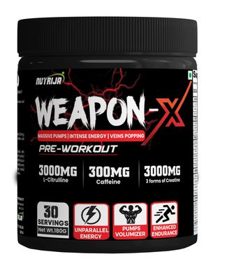 NutriJa Weapon-X Pre-Workout Powder with 21 Active Ingredients - 3 Best Forms of Creatine, AAKG, Beta-Alanine, Caffeinated | Pumps, Viens Popping, Energy, Focus &amp; Strength (30 Servings (Pineapple))