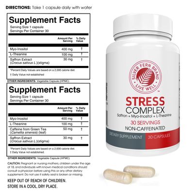 Silver Fern Stress Complex Supplement - Without Caffeine - Sleep, Worry, Mood & More - with Saffron Supplements, L-Theanine Supplement, & Myo-inositol - Natural Stress Relief Supplement (Pack of 1)