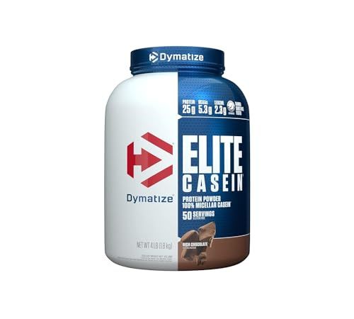 Dymatize Elite Casein Protein Powder, Slow Absorbing with 25g Protein, BCAAs &amp; Leucine for Muscle Building and Overnight Recovery, Rich Chocolate, 4 Pound