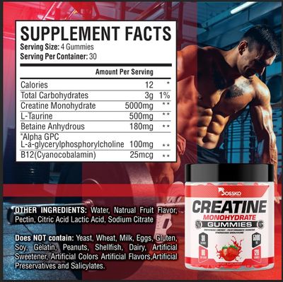 Creatine Monohydrate Gummies 5g (Lab Test) for Men & Women 120 Gummies Advanced Formula L-Taurine Vitamin B12 for Muscle Strength Muscle Builder Energy Boost - PreWorkout Supplement