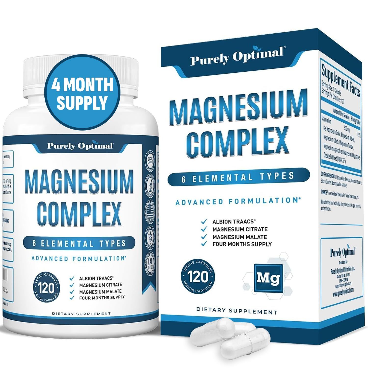 Purely Optimal Magnesium Complex 500mg w/Citrate, Malate, Taurate, Oxide, Bisglycinate Chelate, Aspartate - Magnesium Supplement for Women &amp; Men for Sleep Aid, Muscle &amp; Heart Health - 120 Vegan Caps