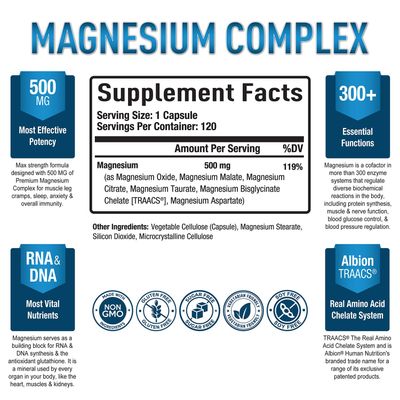 Purely Optimal Magnesium Complex 500mg w/Citrate, Malate, Taurate, Oxide, Bisglycinate Chelate, Aspartate - Magnesium Supplement for Women &amp; Men for Sleep Aid, Muscle &amp; Heart Health - 120 Vegan Caps