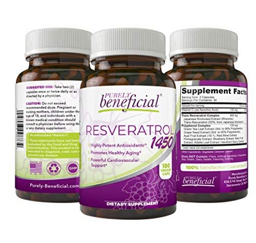 PURELY beneficial RESVERATROL1450-90day Supply, 1450mg per Serving of Potent Antioxidants &amp; Trans-Resveratrol, Promotes Anti-Aging, Cardiovascular Support, Maximum Benefits (1bottle)