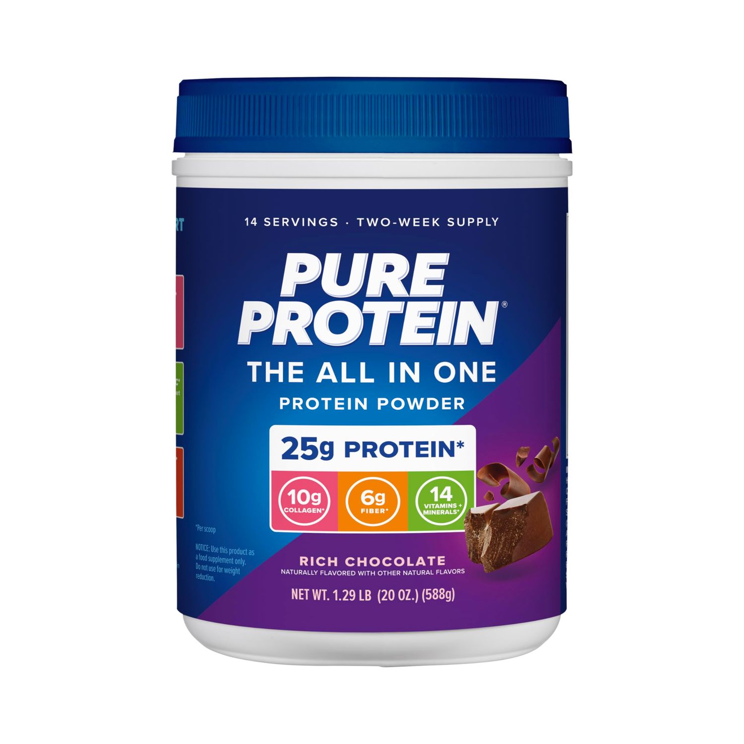 Pure Protein All-In-One Powder, Rich Chocolate - Whey &amp; Collagen, High Fiber, Vitamins, No Added Sugar, Non-GMO, Gluten-Free, 1.25lb