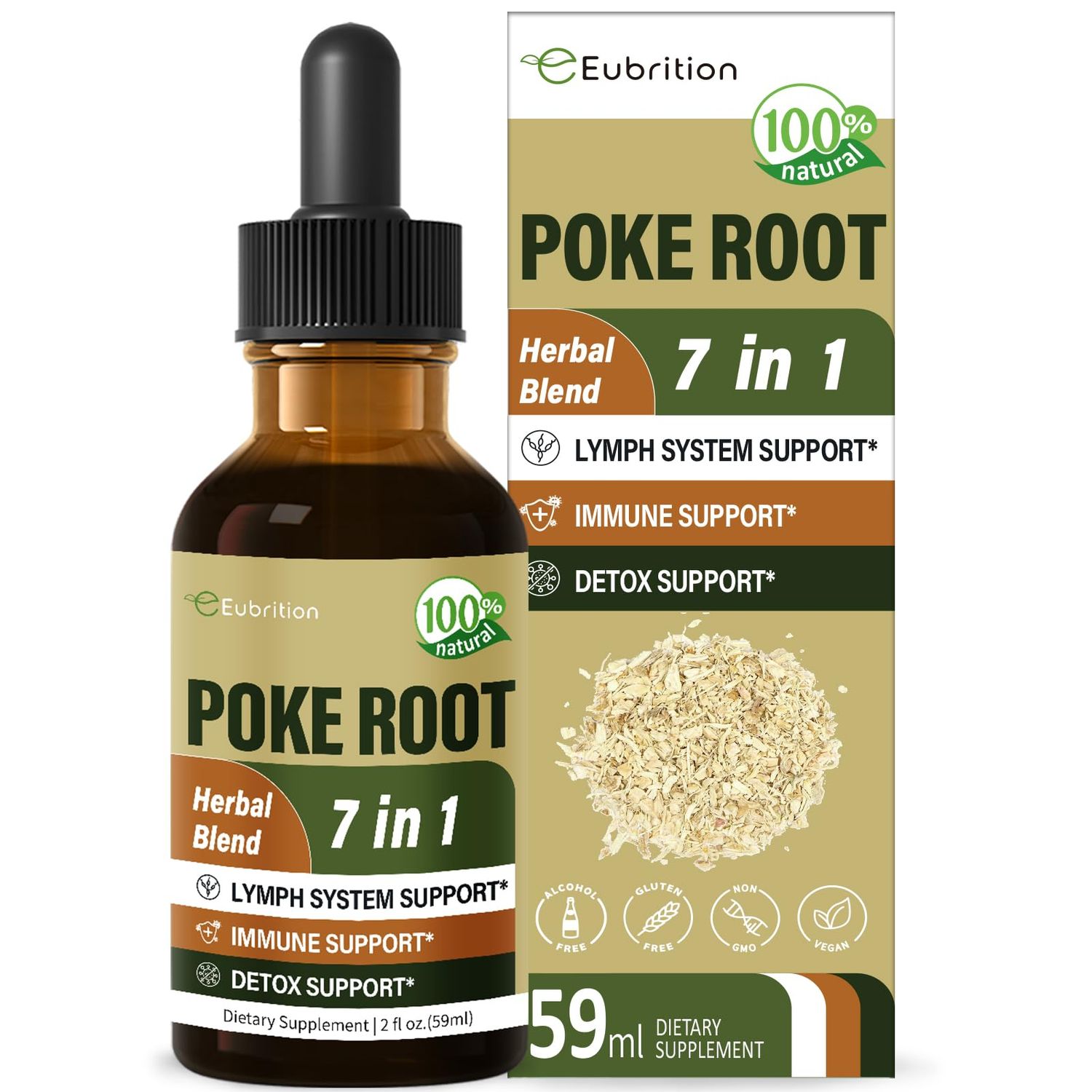 Eubrition Poke Root Drops for Lymph System Support, Lymphatic Drainage Supplement for Lymphedema, 7 in 1 Formula with Goldenseal Extract for Immune Support, Dandelion for Detox &amp; Cleanse. 2oz