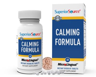 Superior Source Calming Formula, L-Theanine, Melatonin, Under The Tongue Quick Dissolve MicroLingual Tablets, 60 Ct, 5-HTP for Enhanced Serotonin Conversion, Positive Mood and Sleep Support, Non-GMO