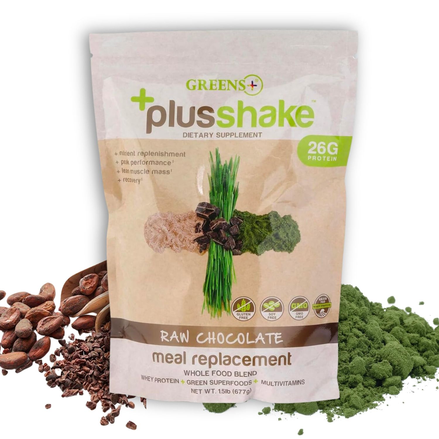 Greens+ PlusShake Raw Chocolate Grass Fed Whey Protein Powder - Meal Replacement | Non-GMO | Gluten &amp; Soy Free | Dietary Supplement Superfood + Multi-Vitamins | 27g Protein | 1.5 lb Bag