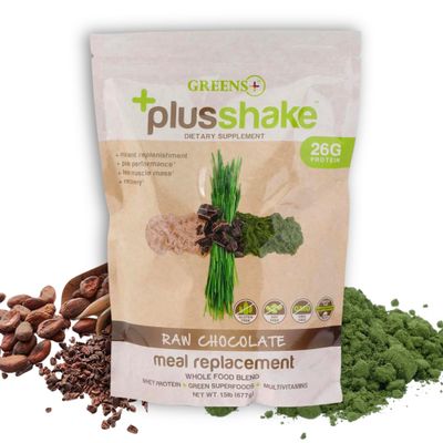 Greens+ PlusShake Raw Chocolate Grass Fed Whey Protein Powder - Meal Replacement | Non-GMO | Gluten &amp; Soy Free | Dietary Supplement Superfood + Multi-Vitamins | 27g Protein | 1.5 lb Bag
