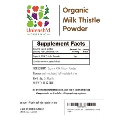 UNLEASH'D ORGANIC Organic Milk Thistle Powder 2-Pack Rich in Silymarin and Antioxidants Immune Support 100% Pure and Organic