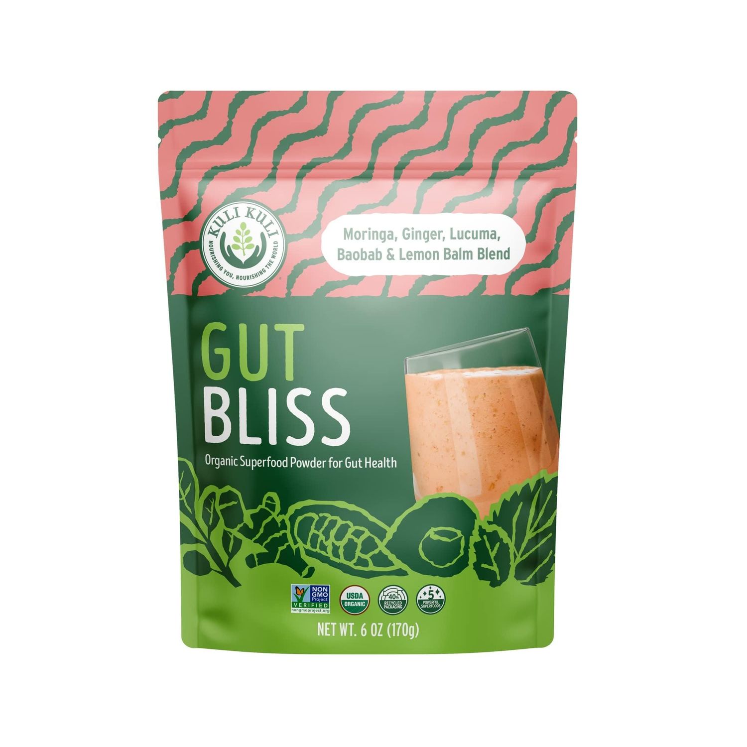 Kuli Kuli Gut Bliss Superfood Powder [6 oz] - Powerful Blend of Organic Moringa, Baobab, Lucuma, Ginger and Lemon Balm - Promote Digestion, Soothe the Stomach and Boost Gut Health