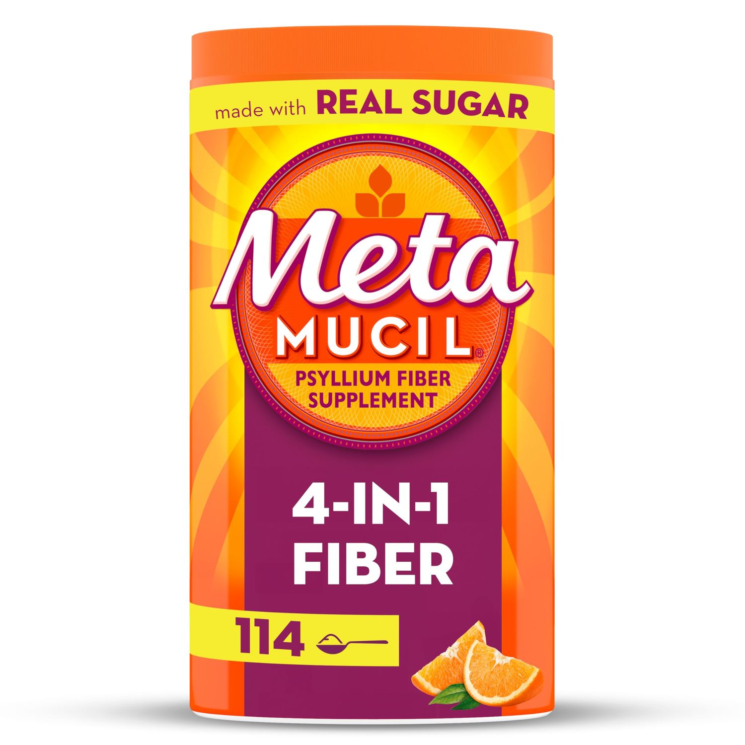 Metamucil 4-in-1 Fiber Supplement for Digestive Health, Psyllium Husk Fiber Powder, Fiber Supplement with Real Sugar, Orange Flavored, 114 tablespoons