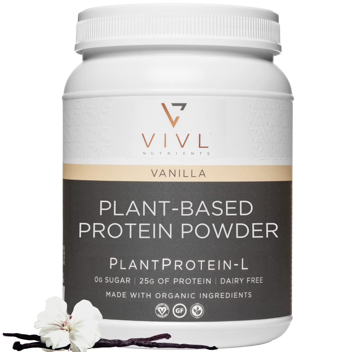VIVL Nutrients Plant Protein-L Powder Vanilla, Vegan, Organic, No Dairy, No Sugar, No Gluten, Keto, Low Carb, Clean Ingredients, Low Fodmap, for Men &amp; Women, 25g, 27 Servings, 33oz