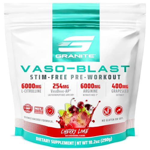 Granite Supplements Vaso Blast - Stimulant-Free Pre Workout for Men and Women - (20 Servings) with Grapeseed Extract, Arginine Nitrite, &amp; VasoDrive-AP for Max Pump - Cherry Lime Flavor