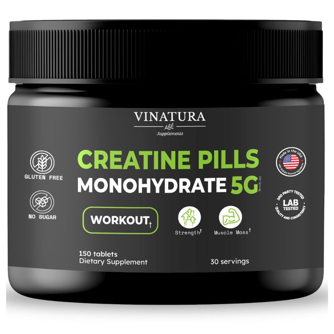 VINATURA Creatine Monohydrate Pills 5g - creatine Tablets, creatine Pills for Men, Women, creatina en capsulas *USA Made &amp; Tested* Unflavored, creatine monohydrate Powder alt, 150 Tablets 30 Servings